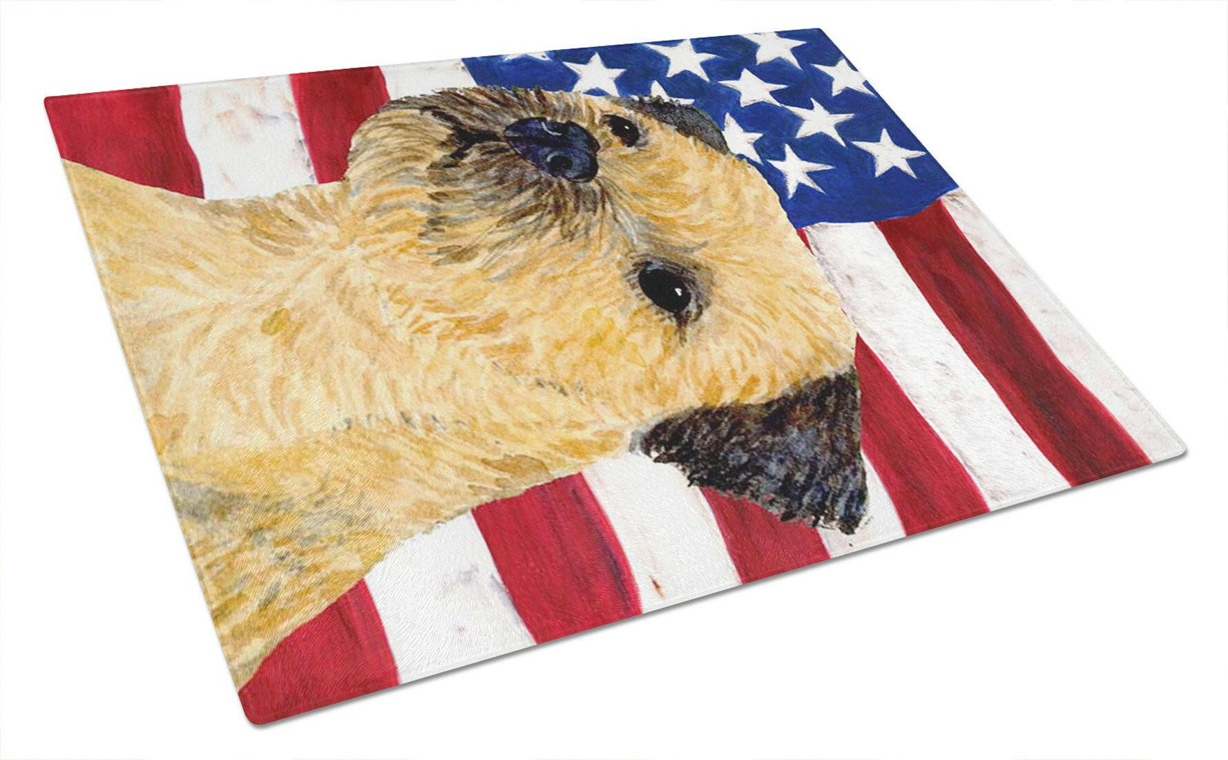 USA American Flag with Border Terrier Cutting Board Tempered Glass Kitchen Cutting Surface, Heat Resistant Chopping, Non-Slip Feet, Food Prep & Serving