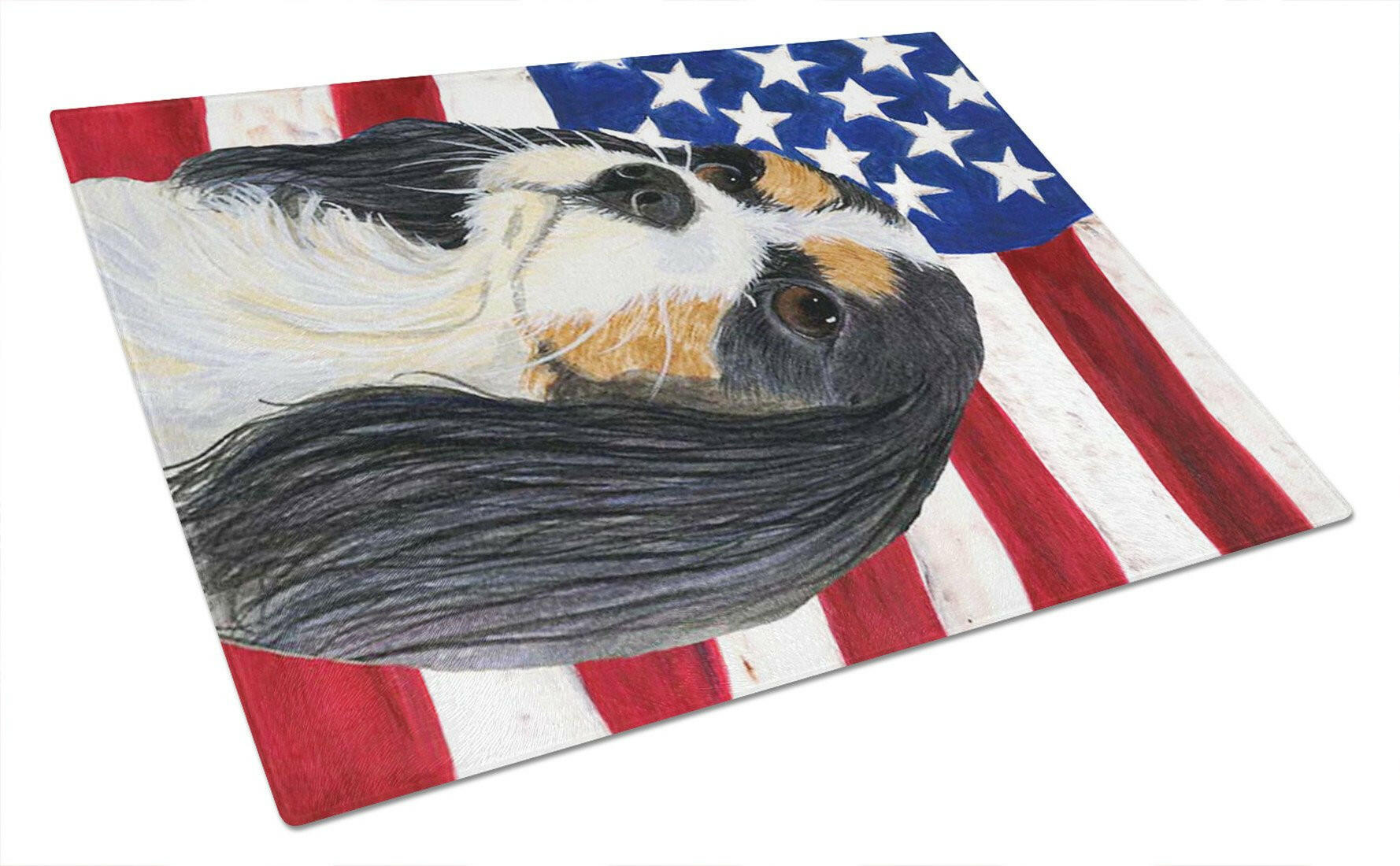 USA American Flag with Cavalier Spaniel Cutting Board Tempered Glass Kitchen Cutting Surface, Heat Resistant Chopping, Non-Slip Feet, Food Prep & Serving