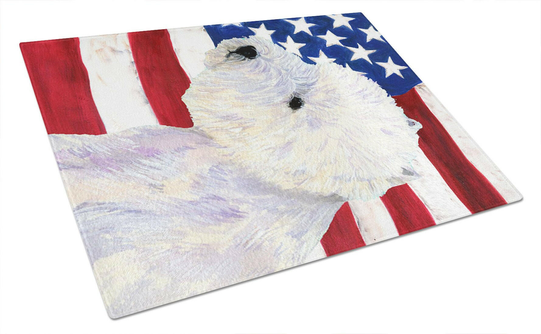 USA American Flag with Westie Cutting Board Tempered Glass Kitchen Cutting Surface, Heat Resistant Chopping, Non-Slip Feet, Food Prep & Serving