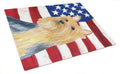 USA American Flag with Silky Terrier Cutting Board Tempered Glass Kitchen Cutting Surface, Heat Resistant Chopping, Non-Slip Feet, Food Prep & Serving