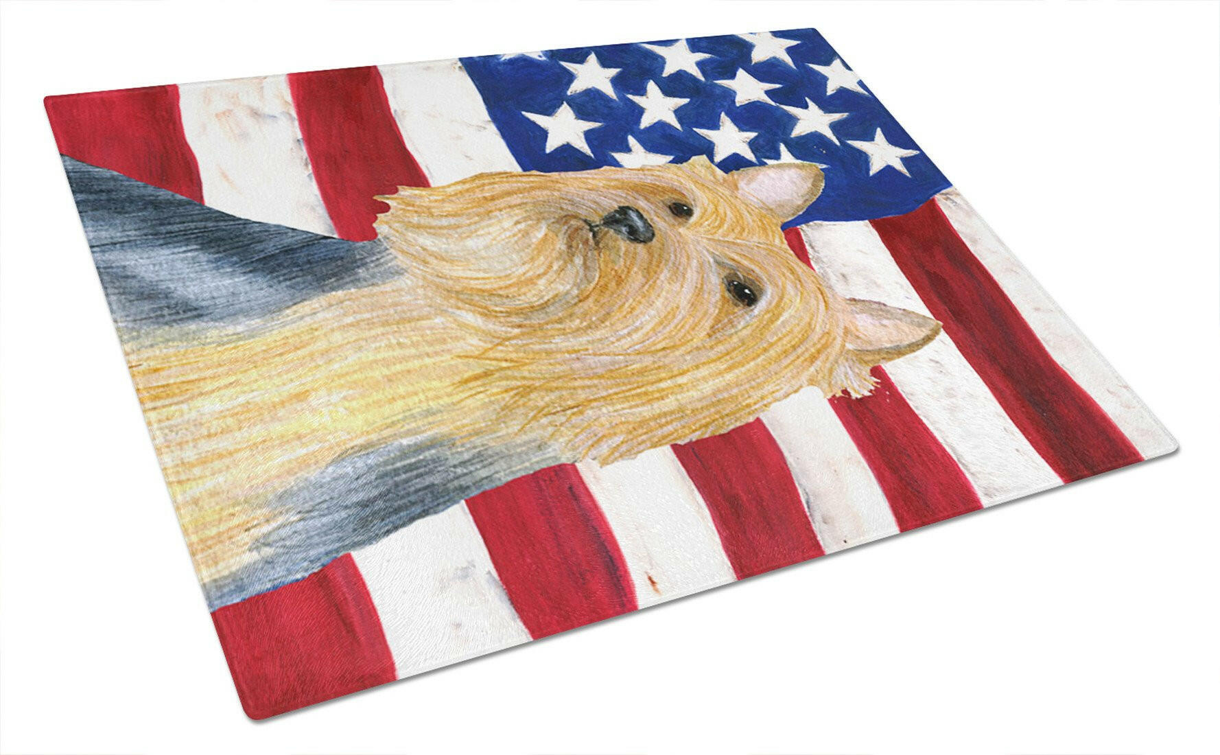 USA American Flag with Silky Terrier Cutting Board Tempered Glass Kitchen Cutting Surface, Heat Resistant Chopping, Non-Slip Feet, Food Prep & Serving