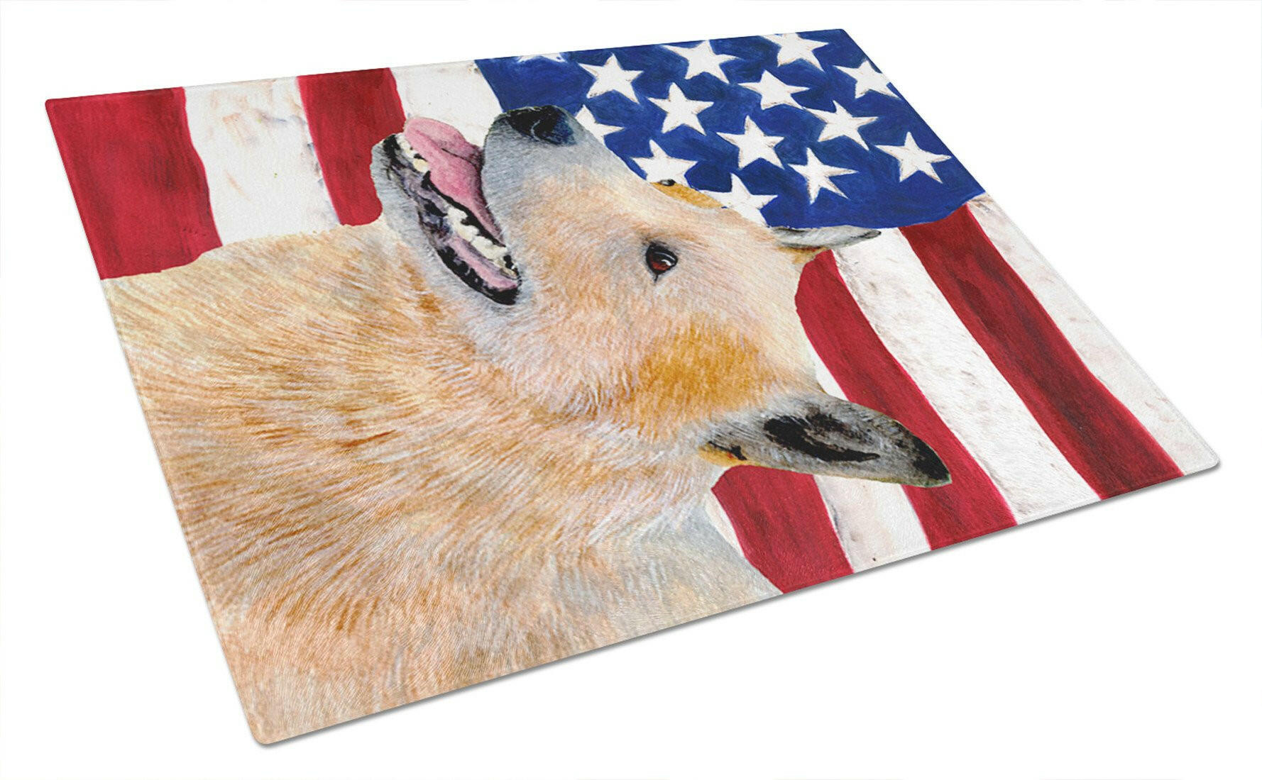 USA American Flag with Australian Cattle Dog Cutting Board Tempered Glass Kitchen Cutting Surface, Heat Resistant Chopping, Non-Slip Feet, Food Prep & Serving