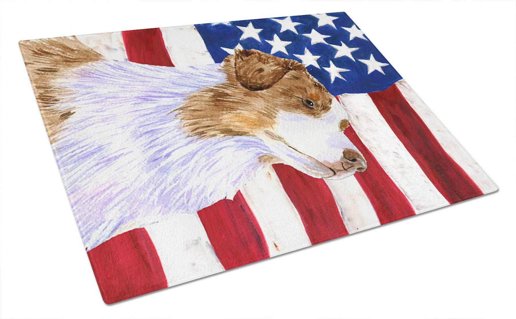 USA American Flag with Australian Shepherd Cutting Board Tempered Glass Kitchen Cutting Surface, Heat Resistant Chopping, Non-Slip Feet, Food Prep & Serving