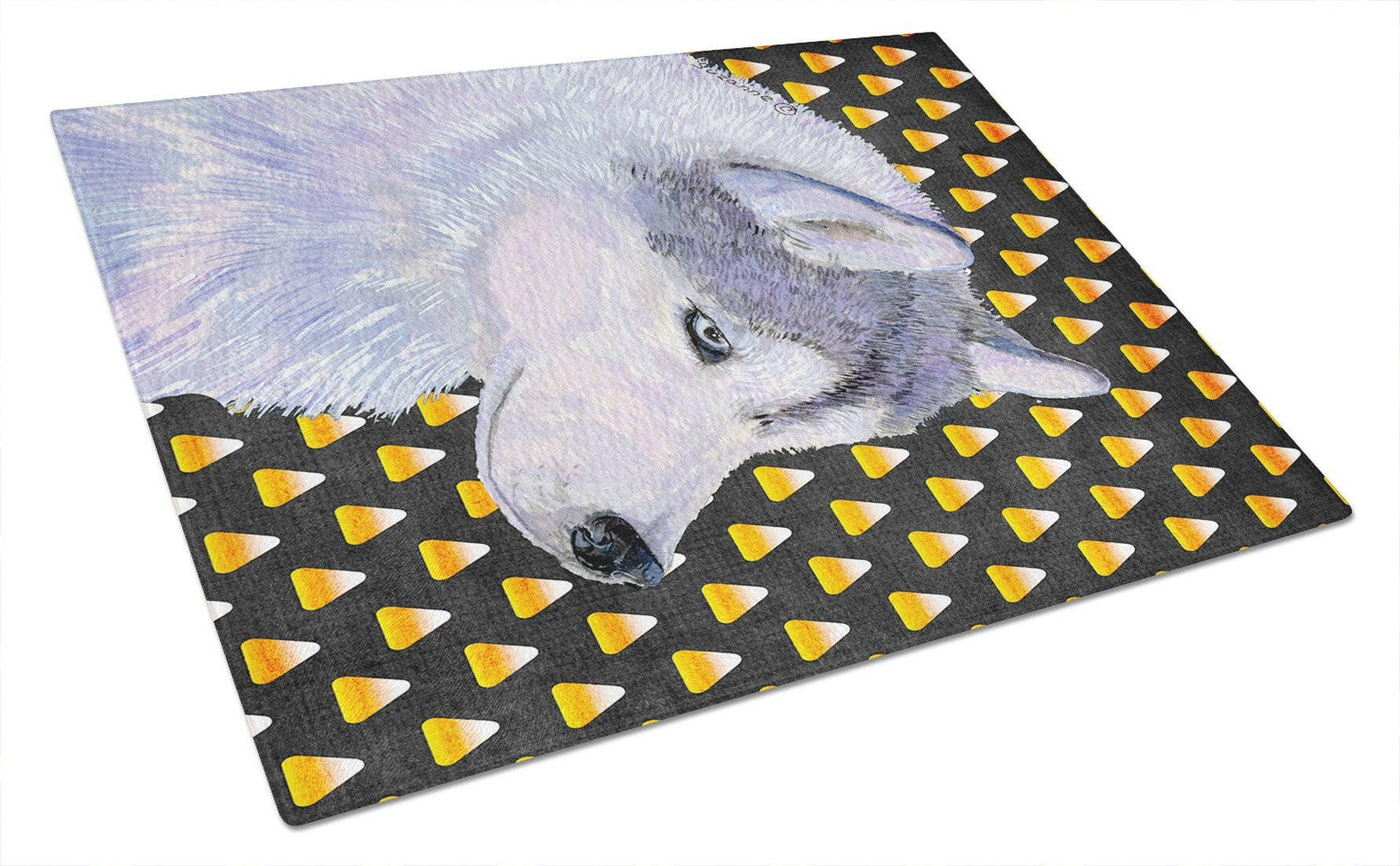 Siberian Husky Candy Corn Halloween Portrait Cutting Board Tempered Glass Kitchen Cutting Surface, Heat Resistant Chopping, Non-Slip Feet, Food Prep & Serving