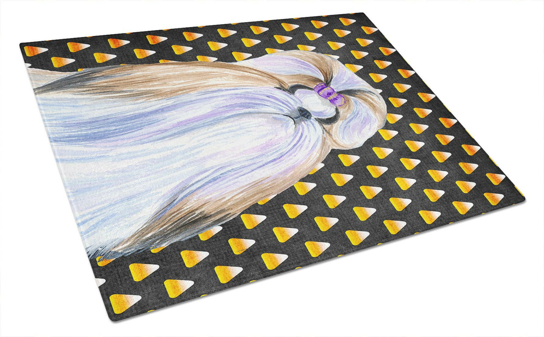 Shih Tzu Candy Corn Halloween Portrait Cutting Board Tempered Glass Kitchen Cutting Surface, Heat Resistant Chopping, Non-Slip Feet, Food Prep & Serving