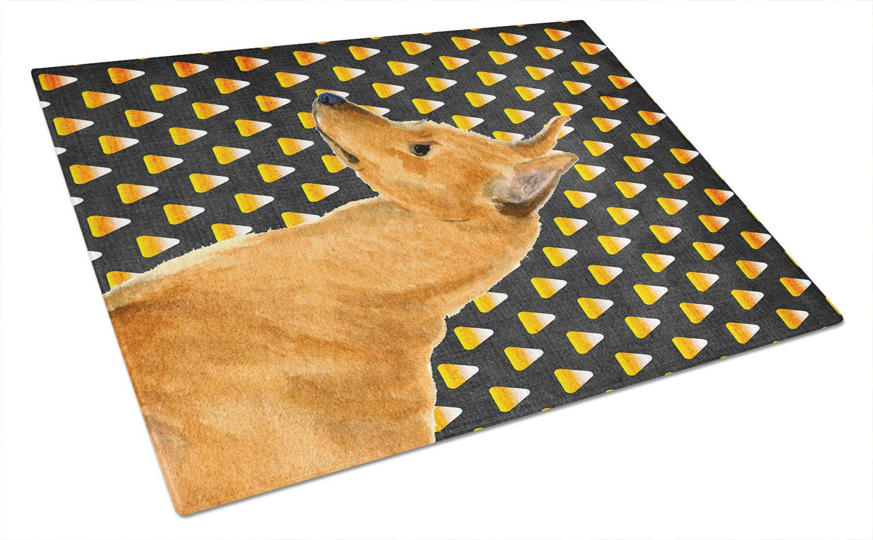 Min Pin Candy Corn Halloween Portrait Cutting Board Tempered Glass Kitchen Cutting Surface, Heat Resistant Chopping, Non-Slip Feet, Food Prep & Serving
