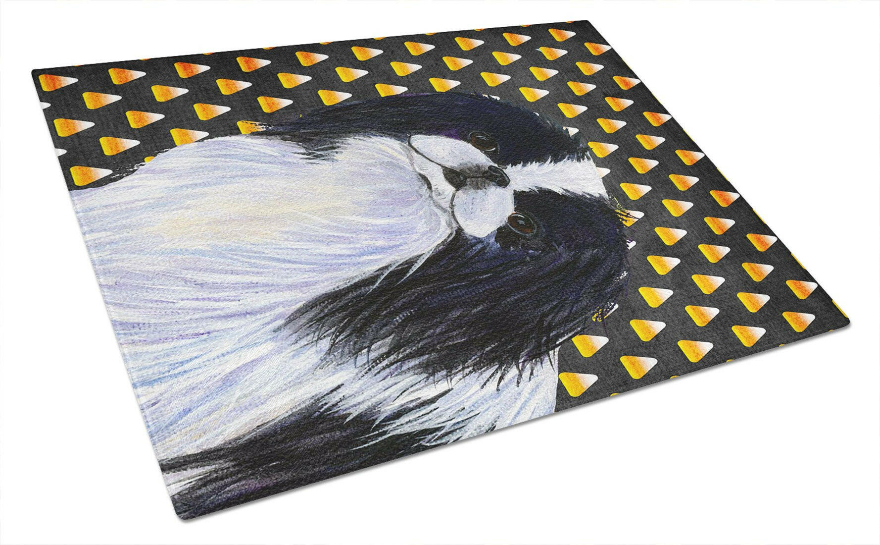 Japanese Chin Candy Corn Halloween Portrait Cutting Board Tempered Glass Kitchen Cutting Surface, Heat Resistant Chopping, Non-Slip Feet, Food Prep & Serving