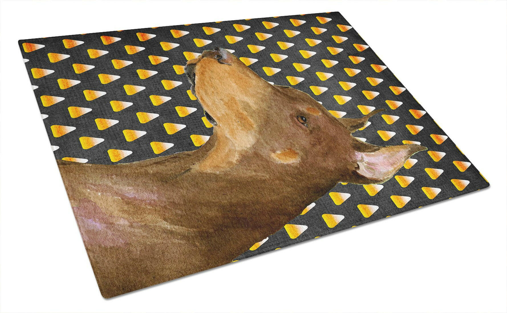 Doberman Candy Corn Halloween Portrait Cutting Board Tempered Glass Kitchen Cutting Surface, Heat Resistant Chopping, Non-Slip Feet, Food Prep & Serving