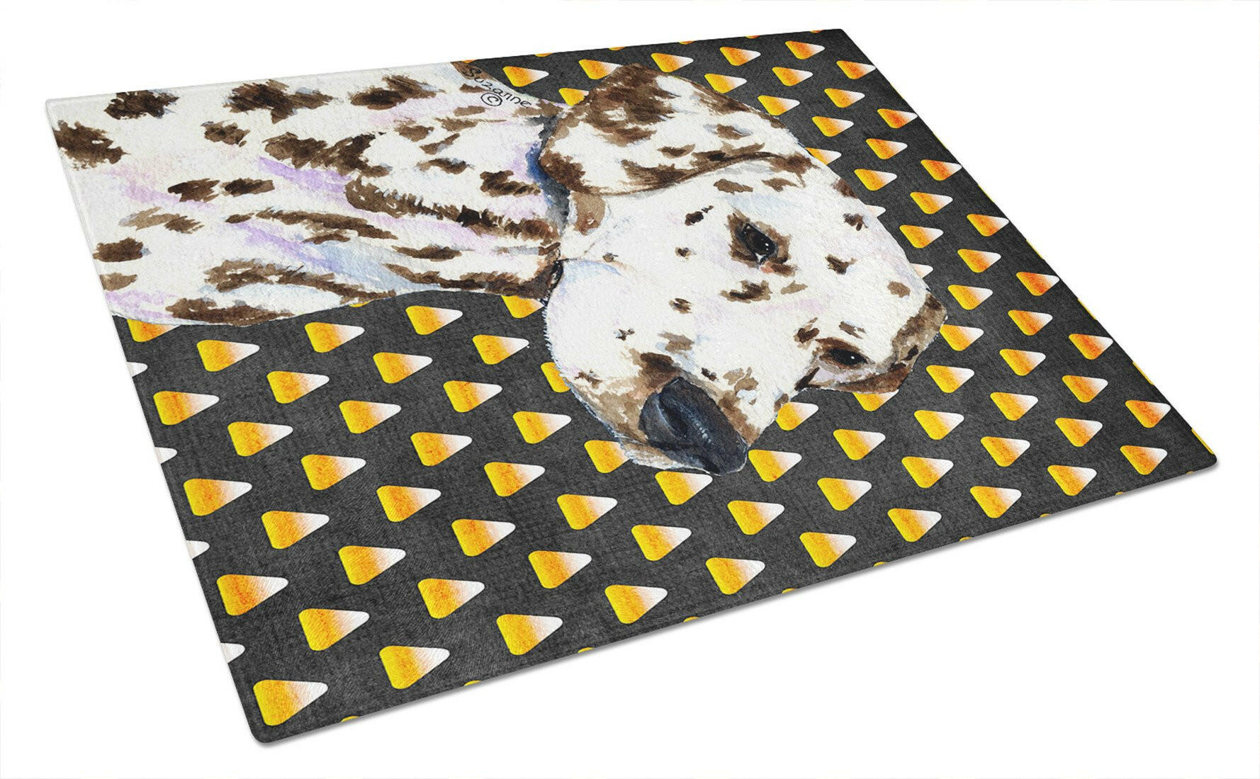 Dalmatian Candy Corn Halloween Portrait Cutting Board Tempered Glass Kitchen Cutting Surface, Heat Resistant Chopping, Non-Slip Feet, Food Prep & Serving