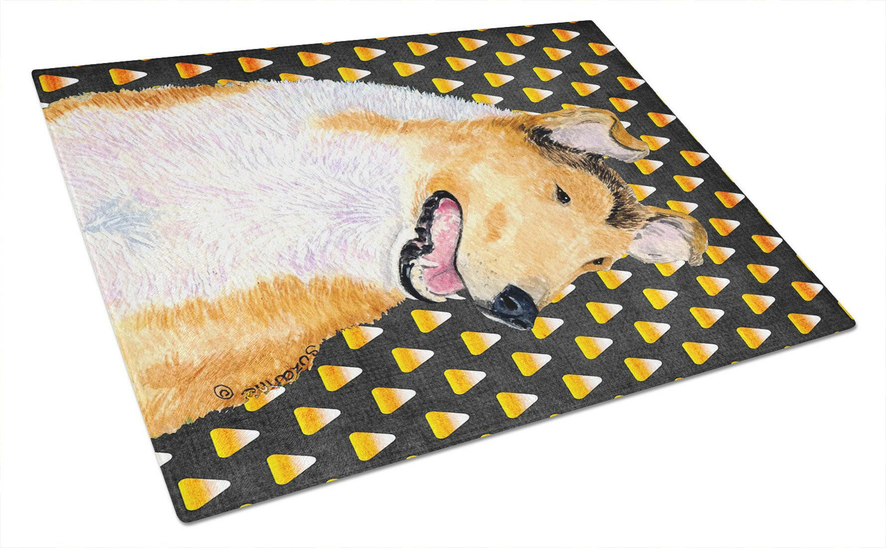 Collie Smooth Candy Corn Halloween Portrait Cutting Board Tempered Glass Kitchen Cutting Surface, Heat Resistant Chopping, Non-Slip Feet, Food Prep & Serving