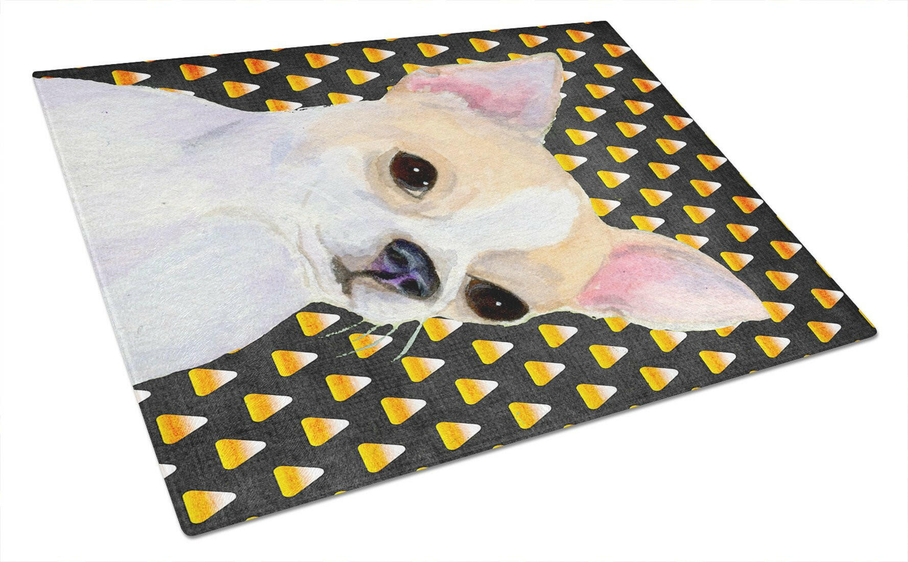 Chihuahua Candy Corn Halloween Portrait Cutting Board Tempered Glass Kitchen Cutting Surface, Heat Resistant Chopping, Non-Slip Feet, Food Prep & Serving