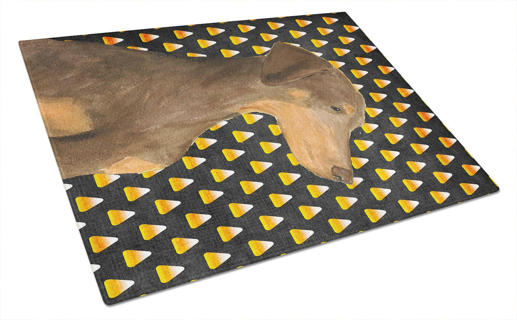 Doberman Candy Corn Halloween Portrait Cutting Board Tempered Glass Kitchen Cutting Surface, Heat Resistant Chopping, Non-Slip Feet, Food Prep & Serving