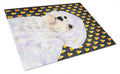 Maltese Candy Corn Halloween Portrait Cutting Board Tempered Glass Kitchen Cutting Surface, Heat Resistant Chopping, Non-Slip Feet, Food Prep & Serving