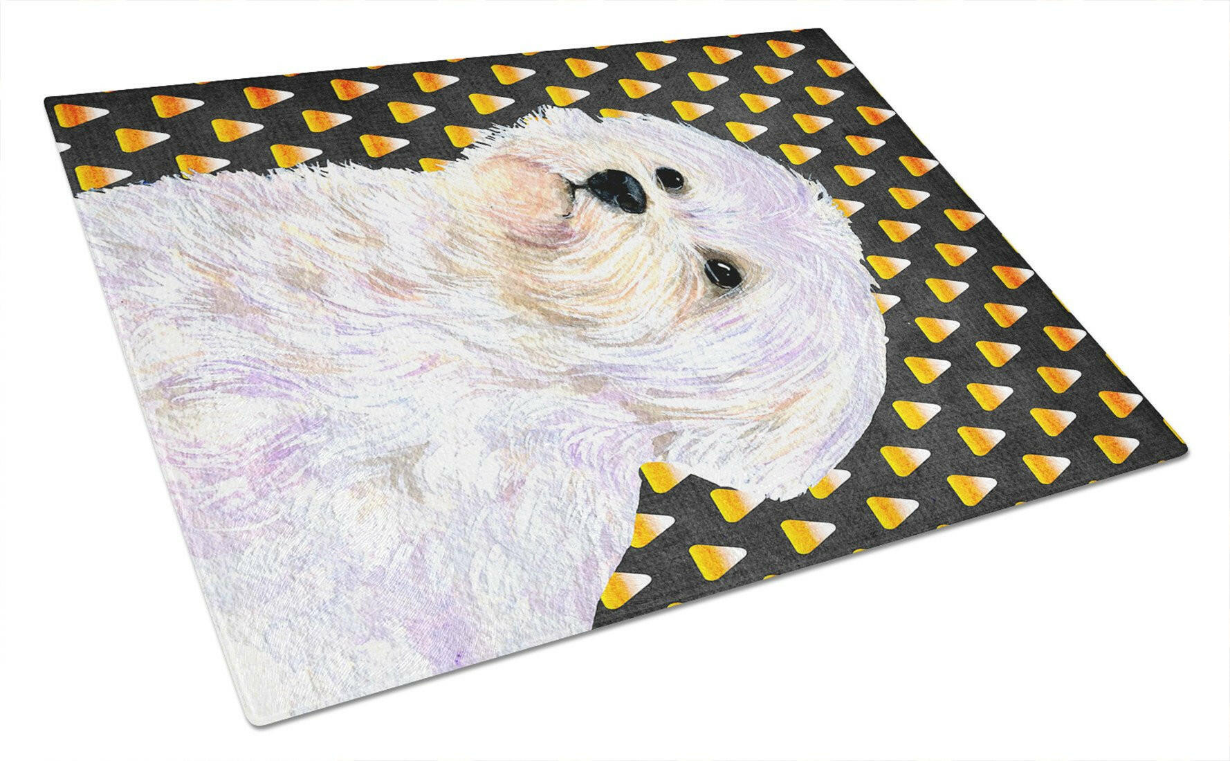 Maltese Candy Corn Halloween Portrait Cutting Board Tempered Glass Kitchen Cutting Surface, Heat Resistant Chopping, Non-Slip Feet, Food Prep & Serving