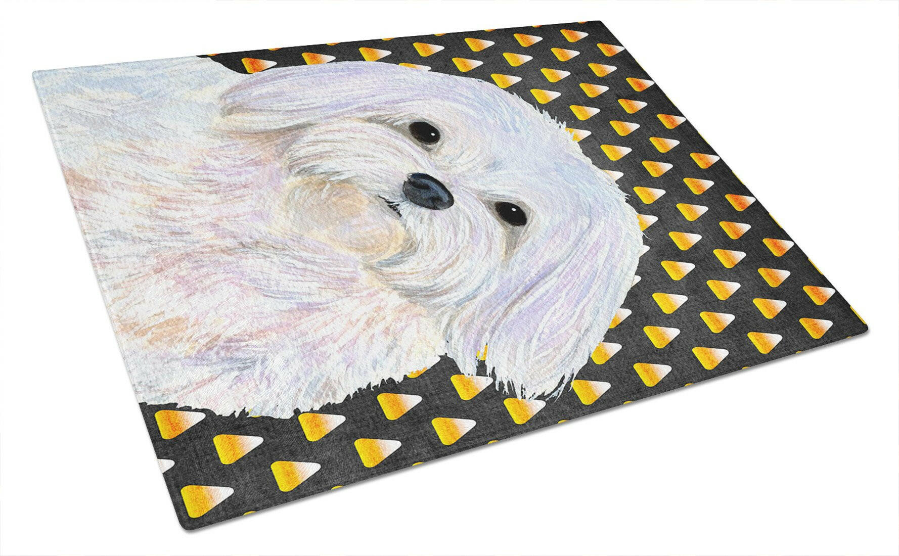Maltese Candy Corn Halloween Portrait Cutting Board Tempered Glass Kitchen Cutting Surface, Heat Resistant Chopping, Non-Slip Feet, Food Prep & Serving