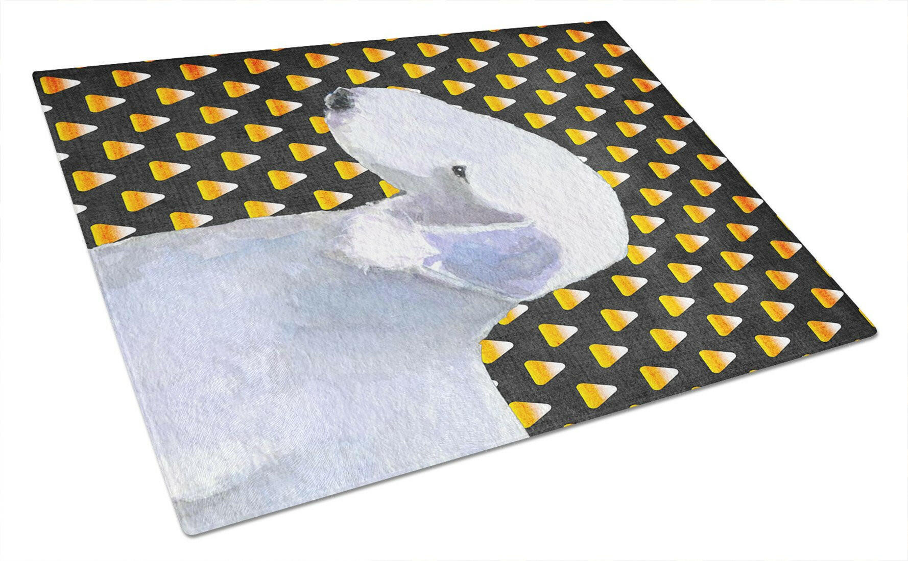 Bedlington Terrier Candy Corn Halloween Portrait Cutting Board Tempered Glass Kitchen Cutting Surface, Heat Resistant Chopping, Non-Slip Feet, Food Prep & Serving
