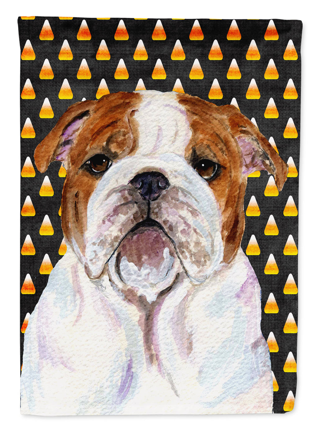 Bulldog English Candy Corn Halloween Portrait House Flag 28x40 Porch Sleeve Pole Decorative Outside Yard Banner Artwork Wall Hanging, Polyester