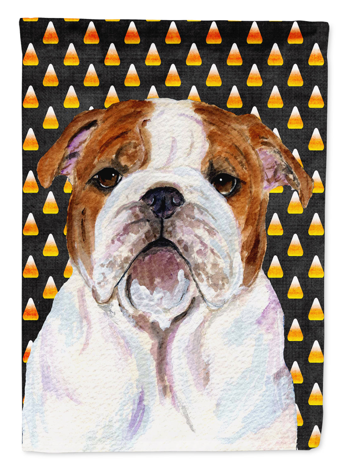 Bulldog English Candy Corn Halloween Portrait House Flag 28x40 Porch Sleeve Pole Decorative Outside Yard Banner Artwork Wall Hanging, Polyester