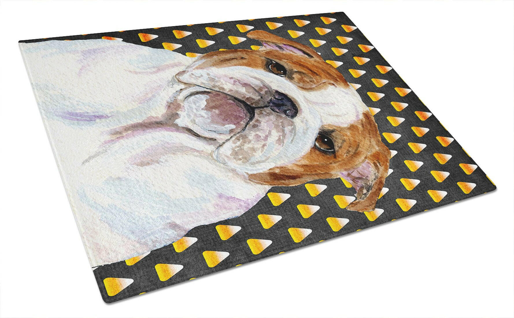 Bulldog English Candy Corn Halloween Portrait Cutting Board Tempered Glass Kitchen Cutting Surface, Heat Resistant Chopping, Non-Slip Feet, Food Prep & Serving