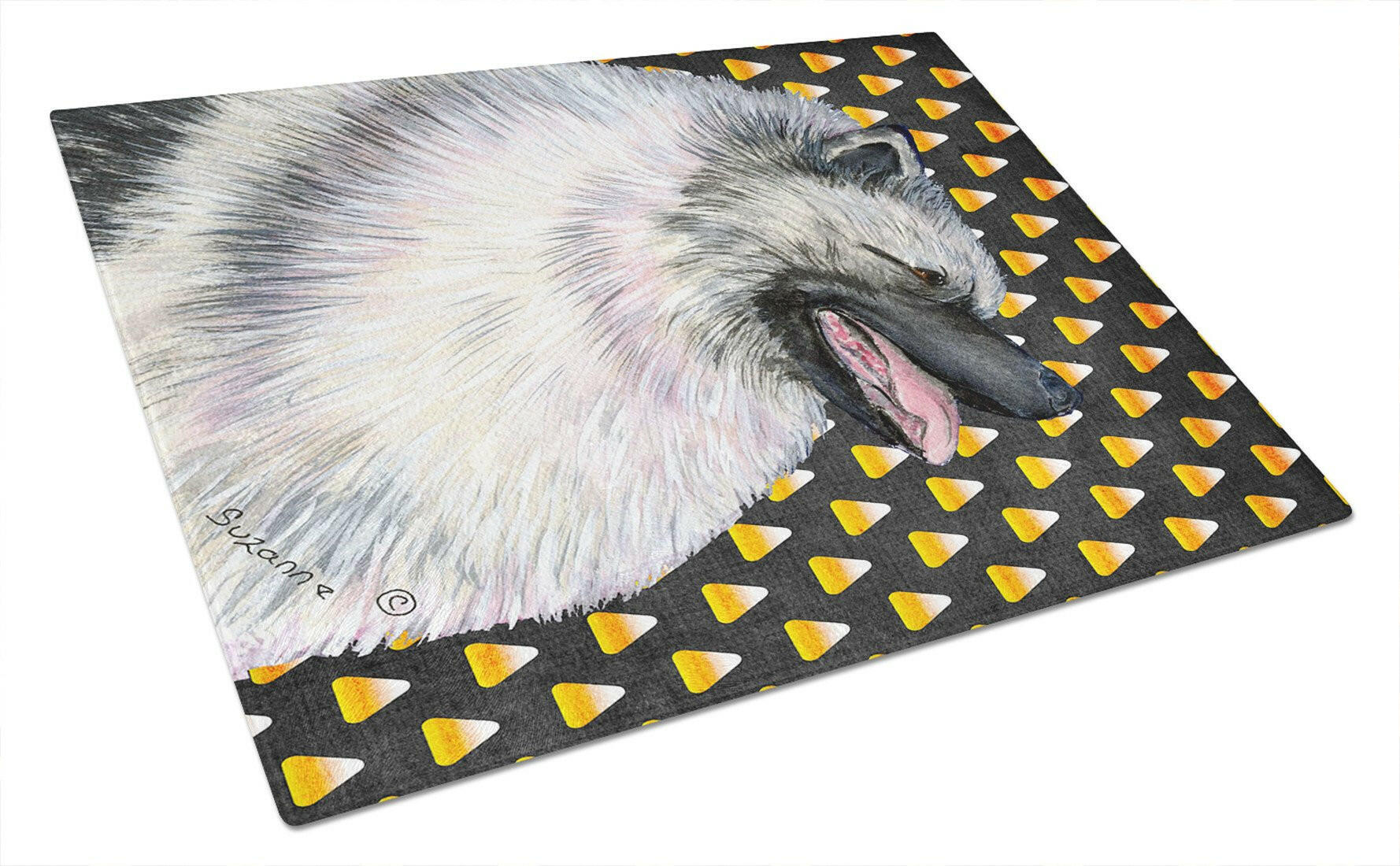 Keeshond Candy Corn Halloween Portrait Cutting Board Tempered Glass Kitchen Cutting Surface, Heat Resistant Chopping, Non-Slip Feet, Food Prep & Serving