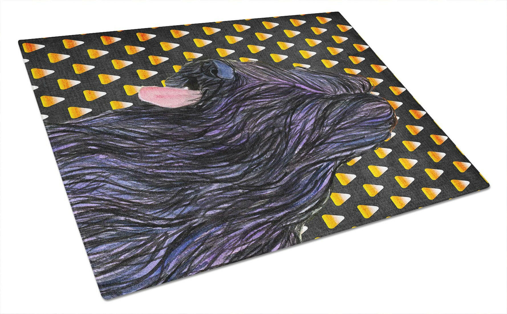 Briard Candy Corn Halloween Portrait Cutting Board Tempered Glass Kitchen Cutting Surface, Heat Resistant Chopping, Non-Slip Feet, Food Prep & Serving