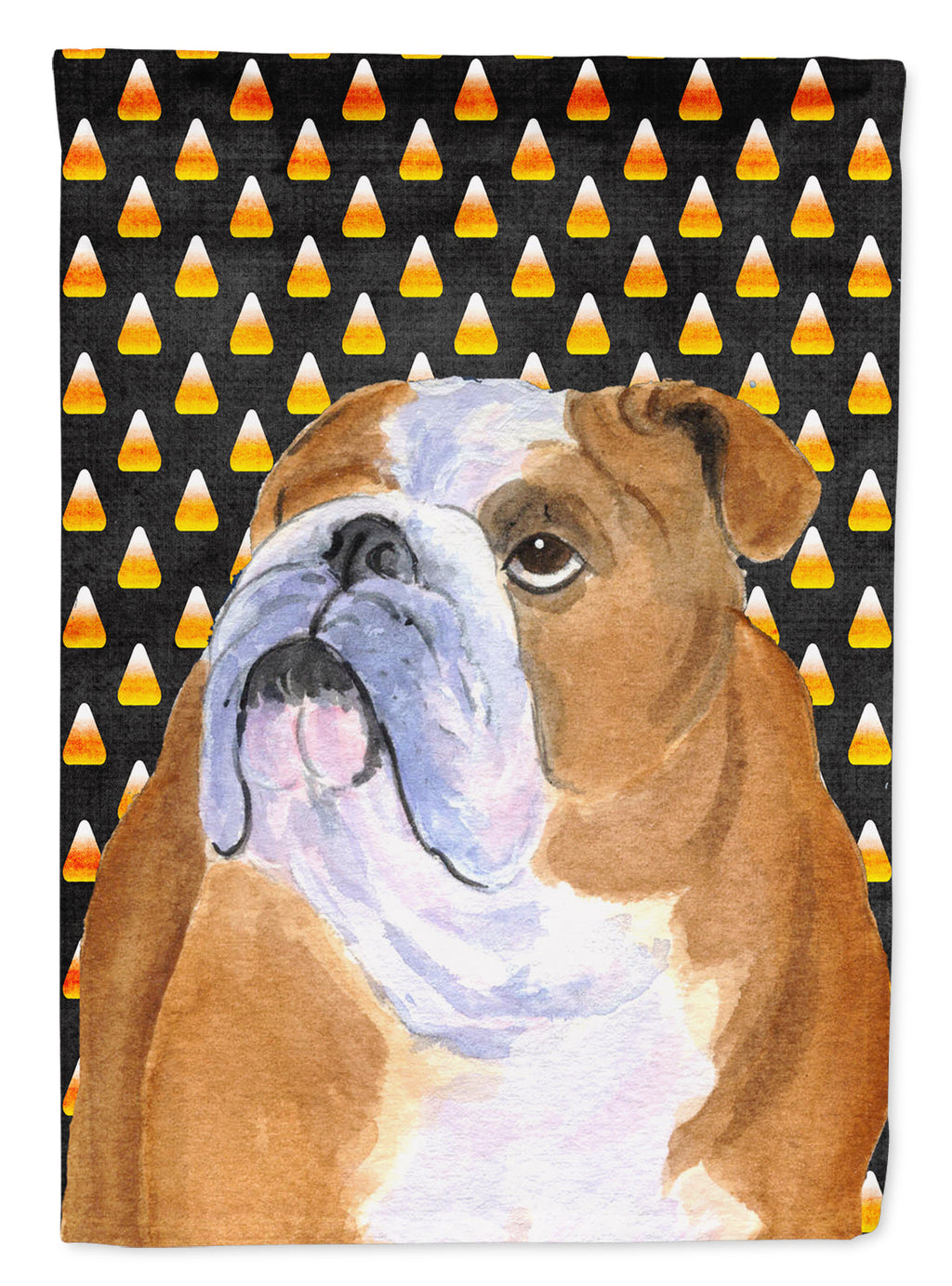 Bulldog English Candy Corn Halloween Portrait House Flag 28x40 Porch Sleeve Pole Decorative Outside Yard Banner Artwork Wall Hanging, Polyester