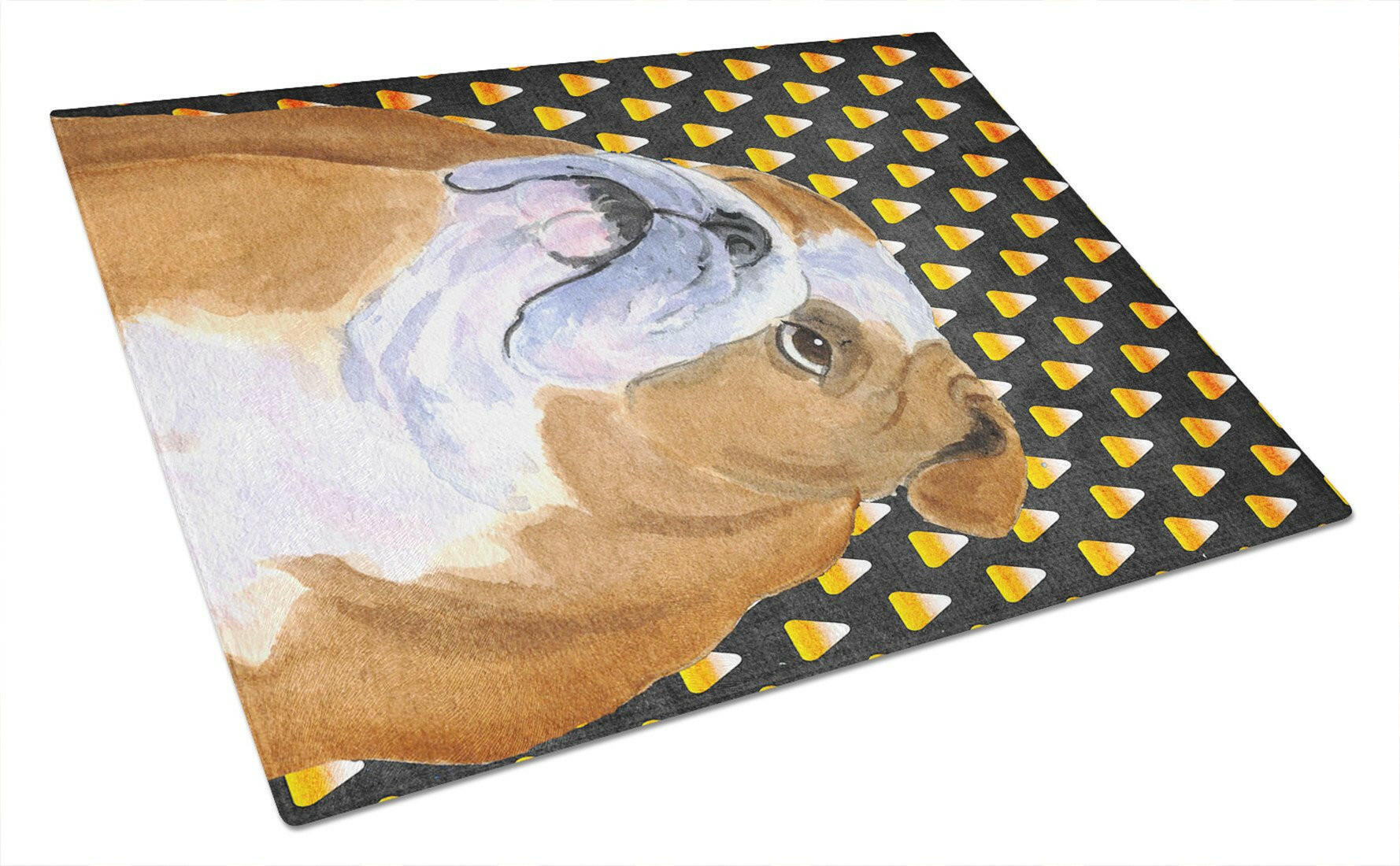Bulldog English Candy Corn Halloween Portrait Cutting Board Tempered Glass Kitchen Cutting Surface, Heat Resistant Chopping, Non-Slip Feet, Food Prep & Serving