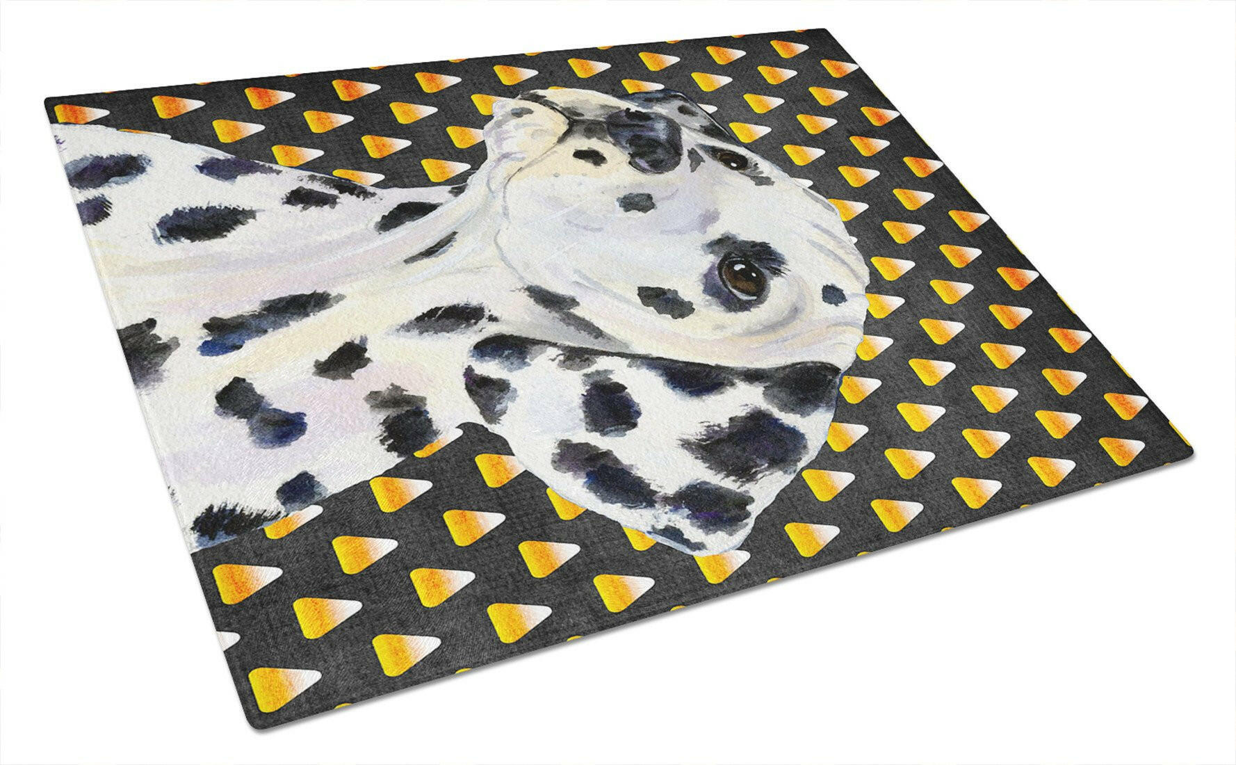 Dalmatian Candy Corn Halloween Portrait Cutting Board Tempered Glass Kitchen Cutting Surface, Heat Resistant Chopping, Non-Slip Feet, Food Prep & Serving