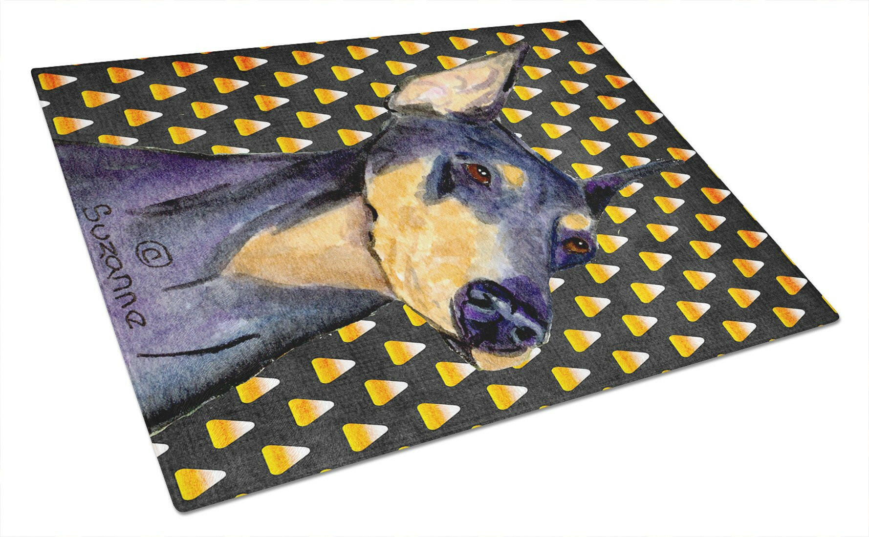 Doberman Candy Corn Halloween Portrait Cutting Board Tempered Glass Kitchen Cutting Surface, Heat Resistant Chopping, Non-Slip Feet, Food Prep & Serving