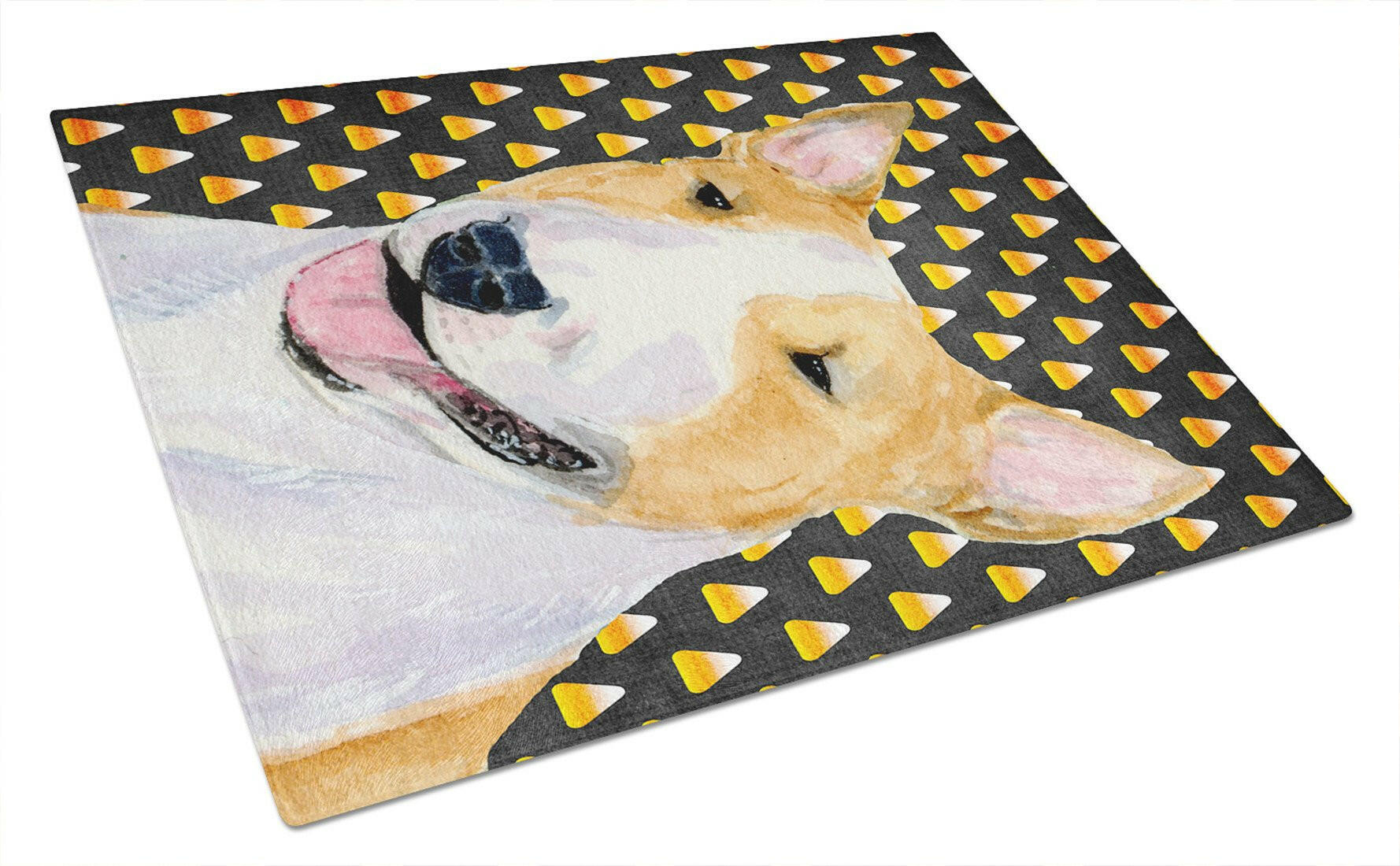 Bull Terrier Candy Corn Halloween Portrait Cutting Board Tempered Glass Kitchen Cutting Surface, Heat Resistant Chopping, Non-Slip Feet, Food Prep & Serving