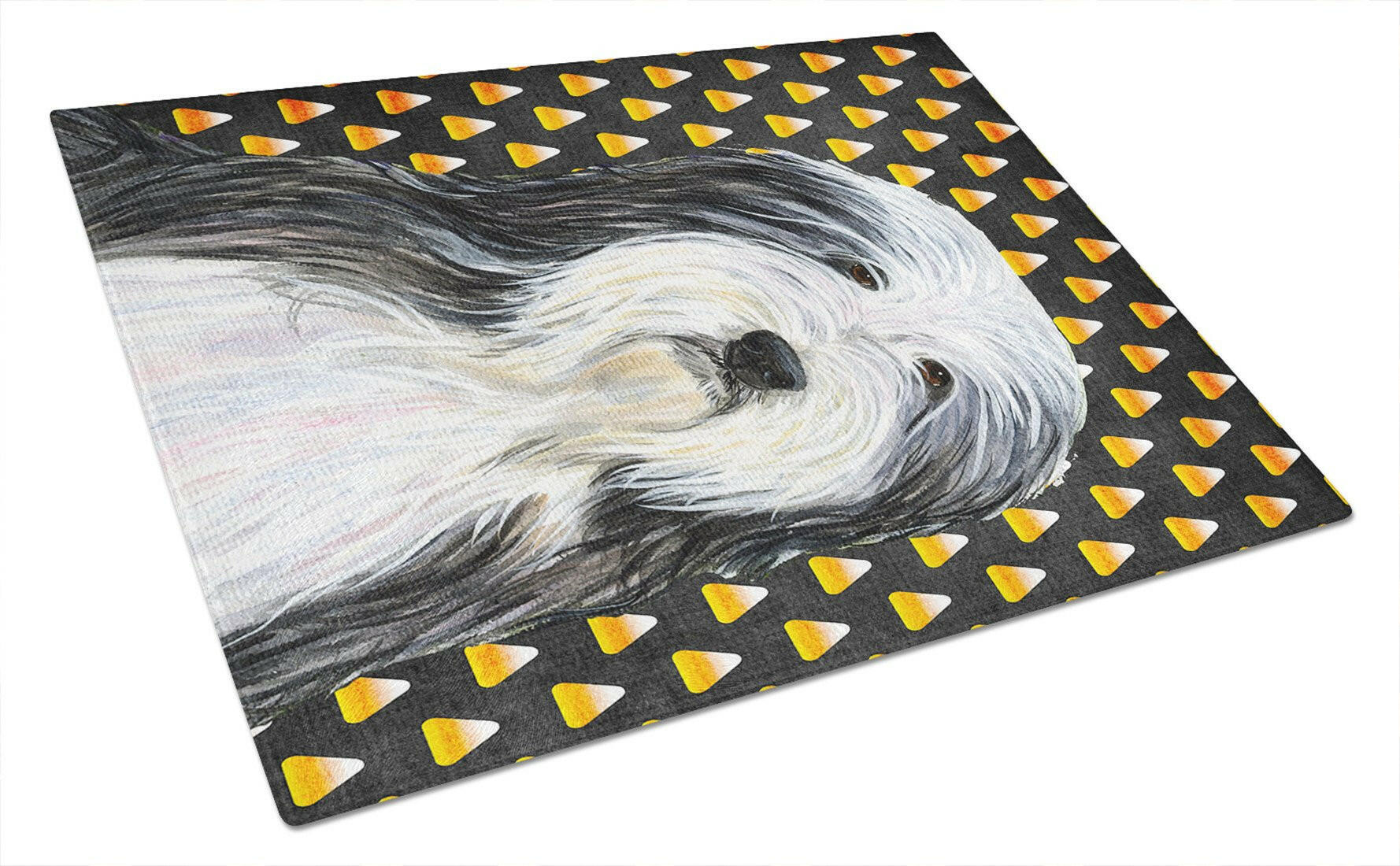 Bearded Collie Candy Corn Halloween Portrait Cutting Board Tempered Glass Kitchen Cutting Surface, Heat Resistant Chopping, Non-Slip Feet, Food Prep & Serving