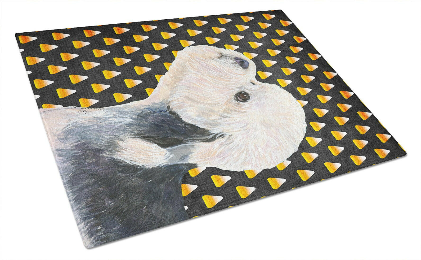 Dandie Dinmont Terrier Candy Corn Halloween Portrait Cutting Board Tempered Glass Kitchen Cutting Surface, Heat Resistant Chopping, Non-Slip Feet, Food Prep & Serving
