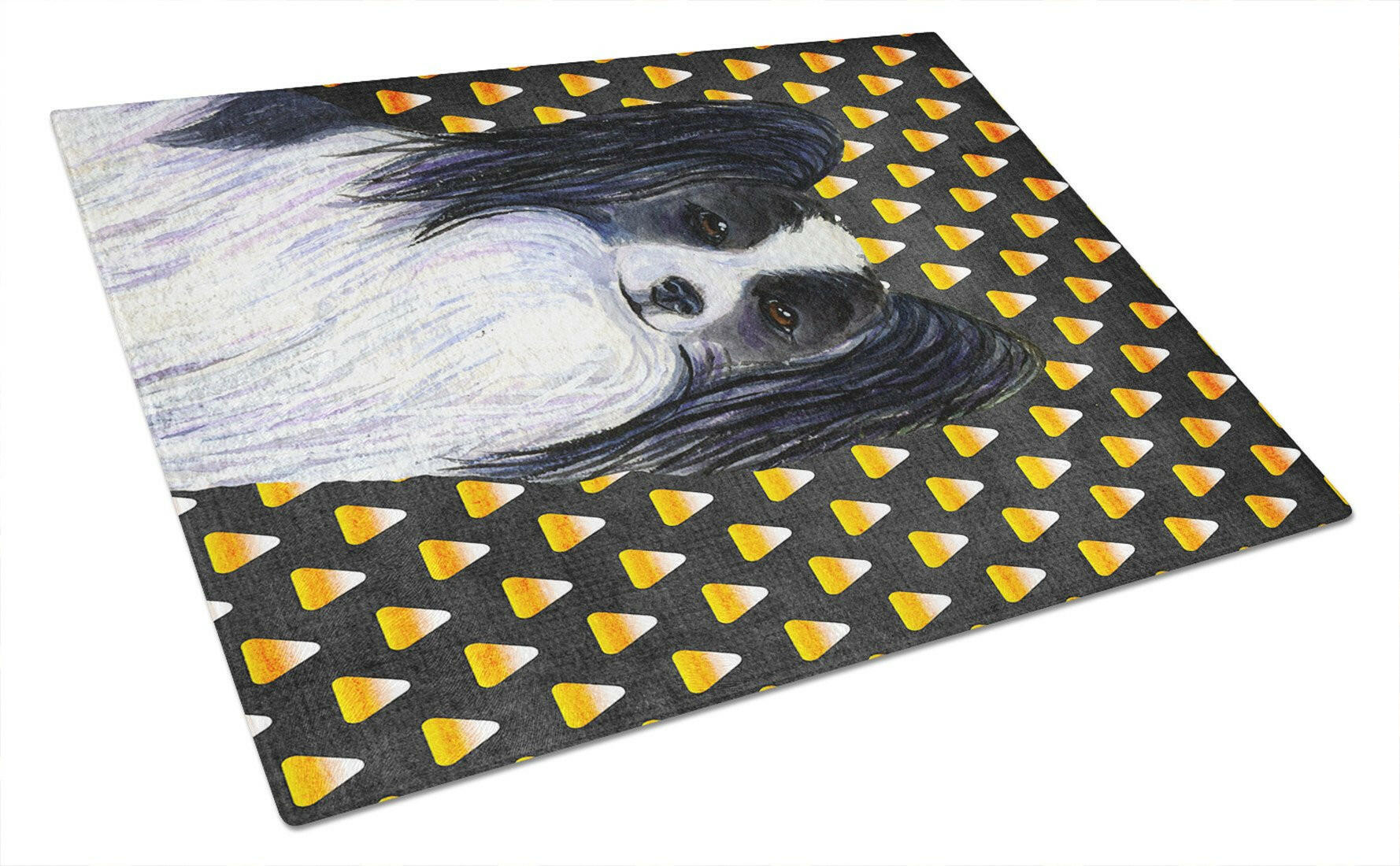 Papillon Candy Corn Halloween Portrait Cutting Board Tempered Glass Kitchen Cutting Surface, Heat Resistant Chopping, Non-Slip Feet, Food Prep & Serving