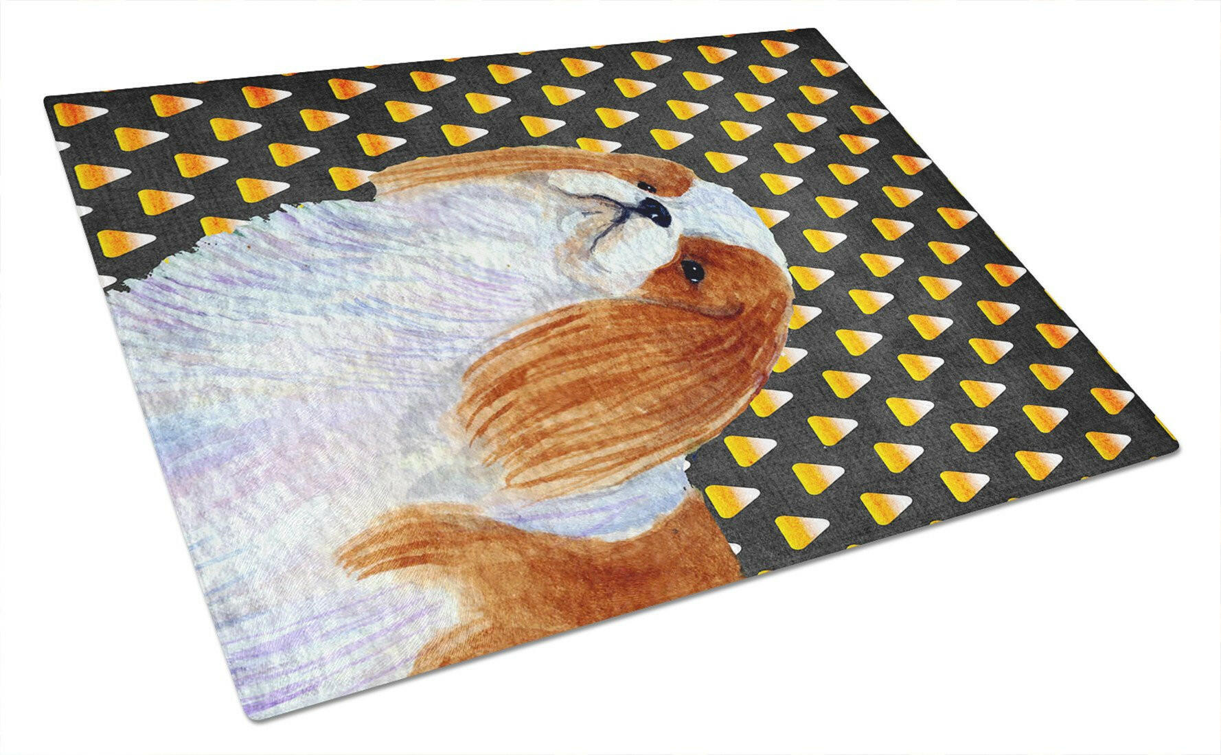 English Toy Spaniel Candy Corn Halloween Portrait Cutting Board Tempered Glass Kitchen Cutting Surface, Heat Resistant Chopping, Non-Slip Feet, Food Prep & Serving