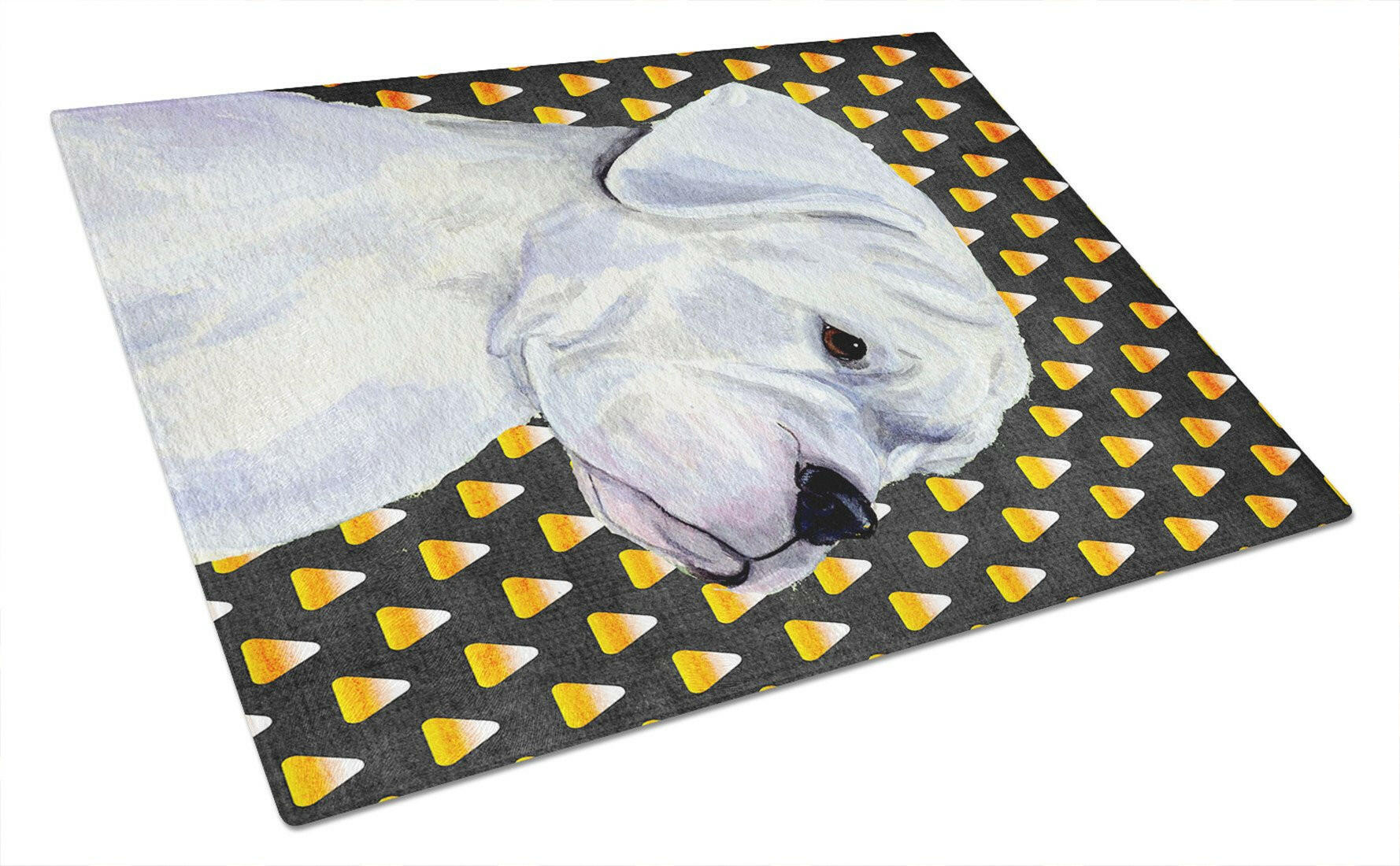 Boxer White Candy Corn Halloween Portrait Cutting Board Tempered Glass Kitchen Cutting Surface, Heat Resistant Chopping, Non-Slip Feet, Food Prep & Serving