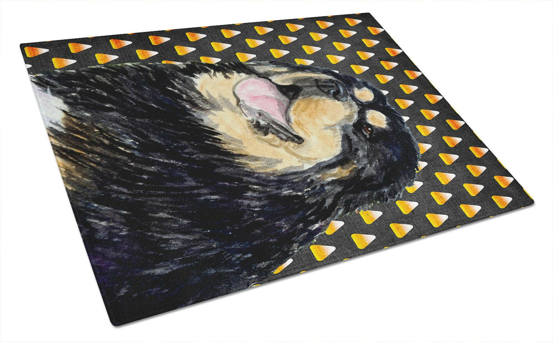 Tibetan Mastiff Candy Corn Halloween Portrait Cutting Board Tempered Glass Kitchen Cutting Surface, Heat Resistant Chopping, Non-Slip Feet, Food Prep & Serving