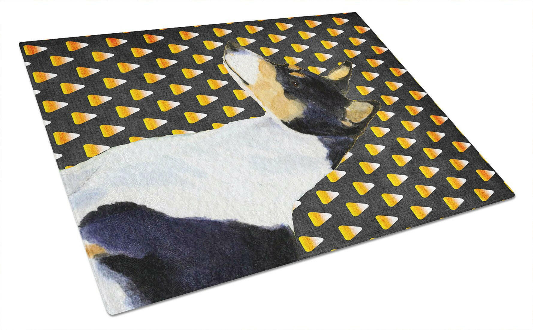 Basenji Candy Corn Halloween Portrait Cutting Board Tempered Glass Kitchen Cutting Surface, Heat Resistant Chopping, Non-Slip Feet, Food Prep & Serving