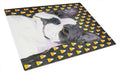 Boston Terrier Candy Corn Halloween Portrait Cutting Board Tempered Glass Kitchen Cutting Surface, Heat Resistant Chopping, Non-Slip Feet, Food Prep & Serving