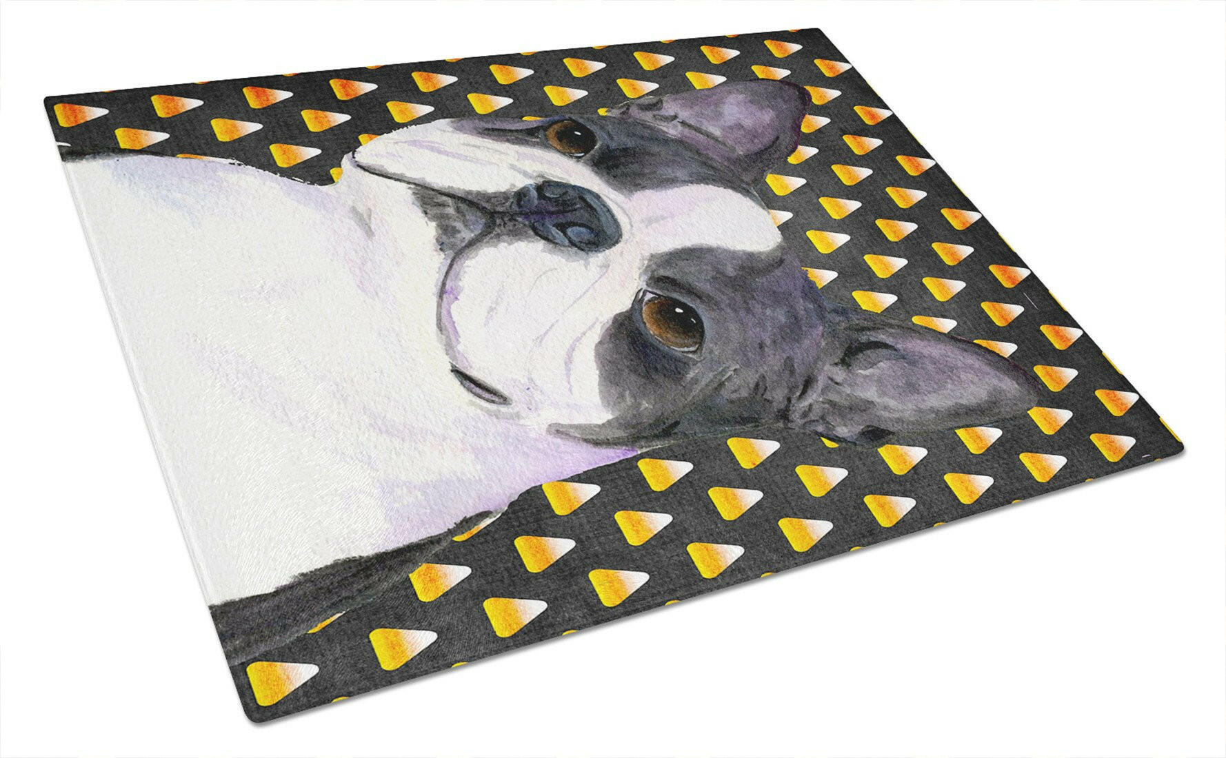 Boston Terrier Candy Corn Halloween Portrait Cutting Board Tempered Glass Kitchen Cutting Surface, Heat Resistant Chopping, Non-Slip Feet, Food Prep & Serving