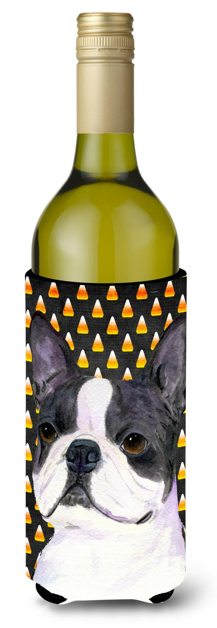 Boston Terrier Candy Corn Halloween Portrait Wine Bottle Hugger Gift Sleeve for Standard 750 ml Bottles, Insulated Reusable Also Fits Mini Shot & Pint Bottles