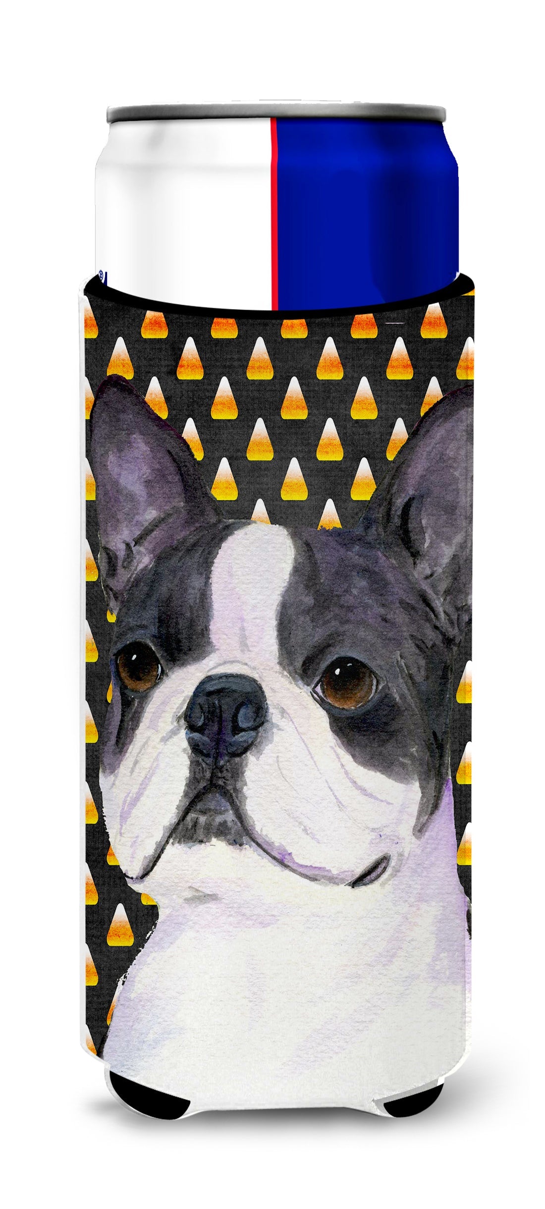 Boston Terrier Candy Corn Halloween Portrait Slim Can Hugger , Insulated Foam Hugger for 12 oz Slim Cans, Beer Bottles & Water Bottles, Printed in USA