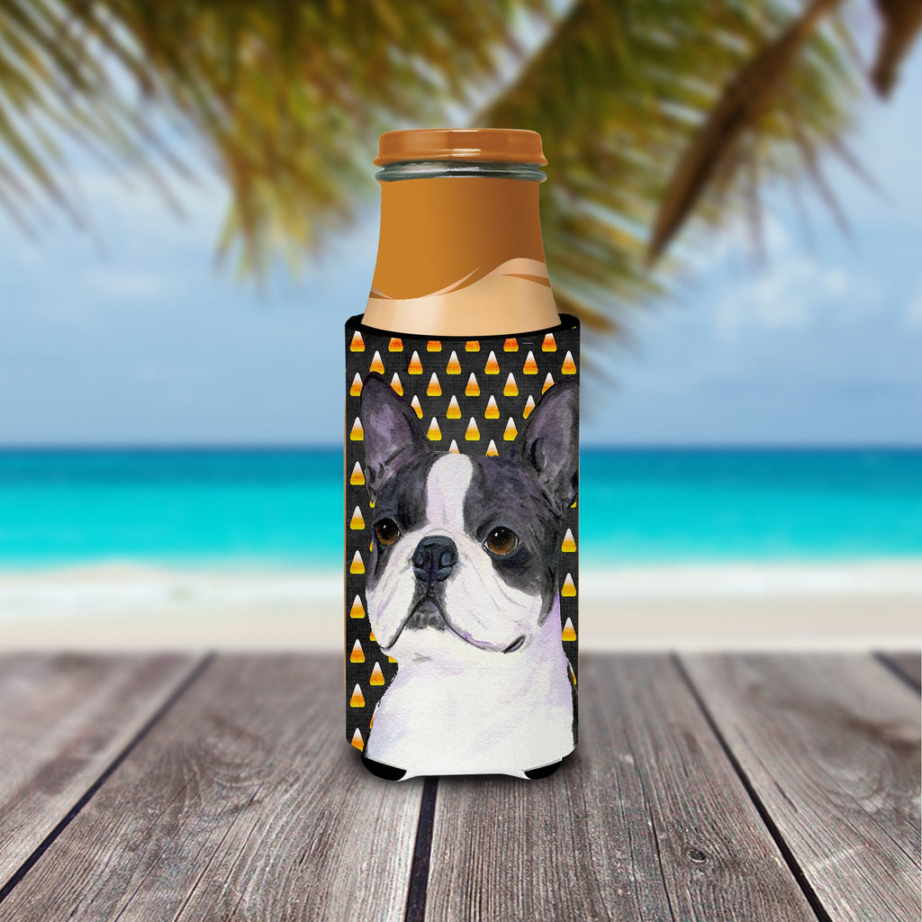 Boston Terrier Candy Corn Halloween Portrait Slim Can Hugger , Insulated Foam Hugger for 12 oz Slim Cans, Beer Bottles & Water Bottles, Printed in USA