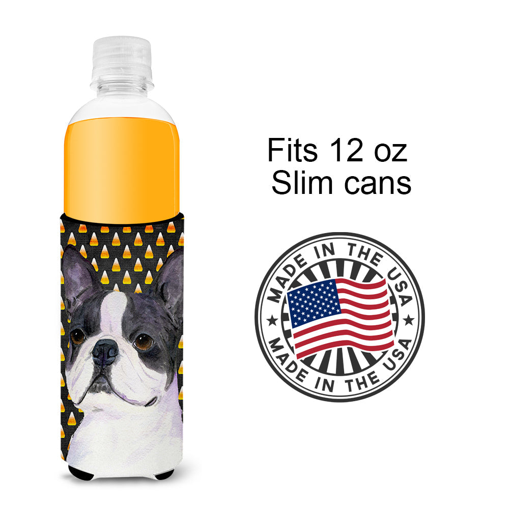 Boston Terrier Candy Corn Halloween Portrait Slim Can Hugger , Insulated Foam Hugger for 12 oz Slim Cans, Beer Bottles & Water Bottles, Printed in USA