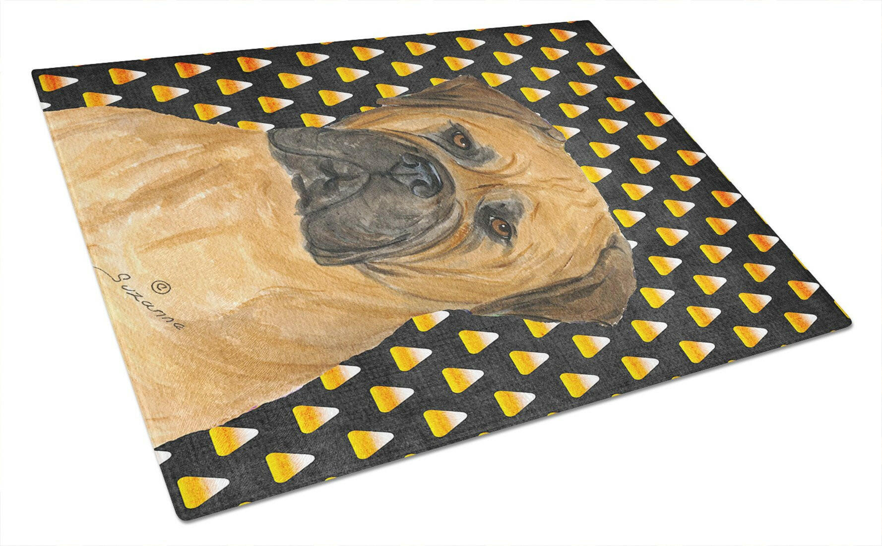 Bullmastiff Candy Corn Halloween Portrait Cutting Board Tempered Glass Kitchen Cutting Surface, Heat Resistant Chopping, Non-Slip Feet, Food Prep & Serving