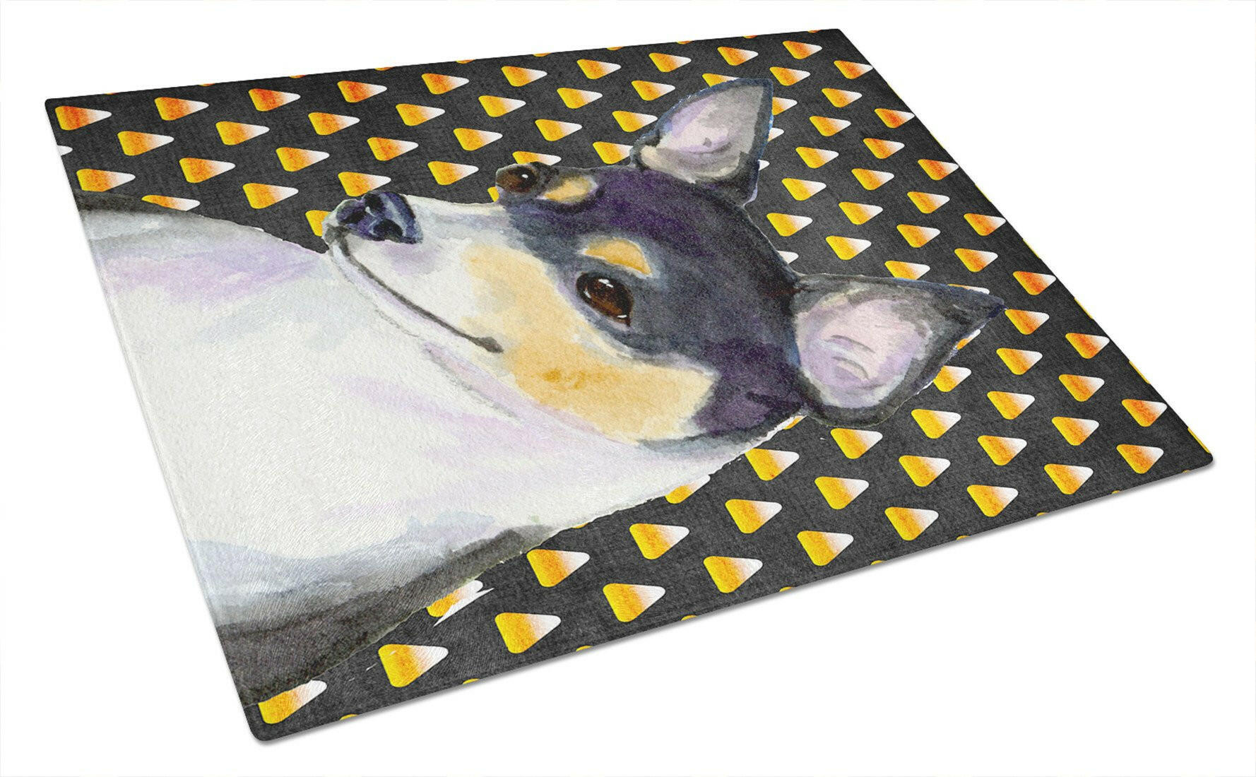 Chihuahua Candy Corn Halloween Portrait Cutting Board Tempered Glass Kitchen Cutting Surface, Heat Resistant Chopping, Non-Slip Feet, Food Prep & Serving