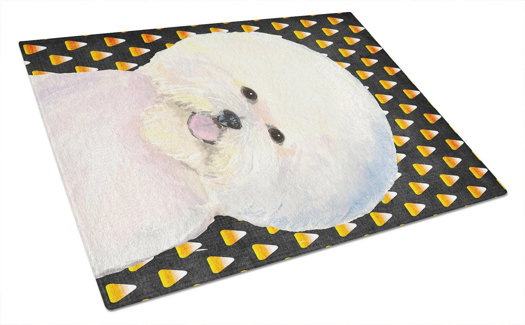 Bichon Frise Candy Corn Halloween Portrait Cutting Board Tempered Glass Kitchen Cutting Surface, Heat Resistant Chopping, Non-Slip Feet, Food Prep & Serving