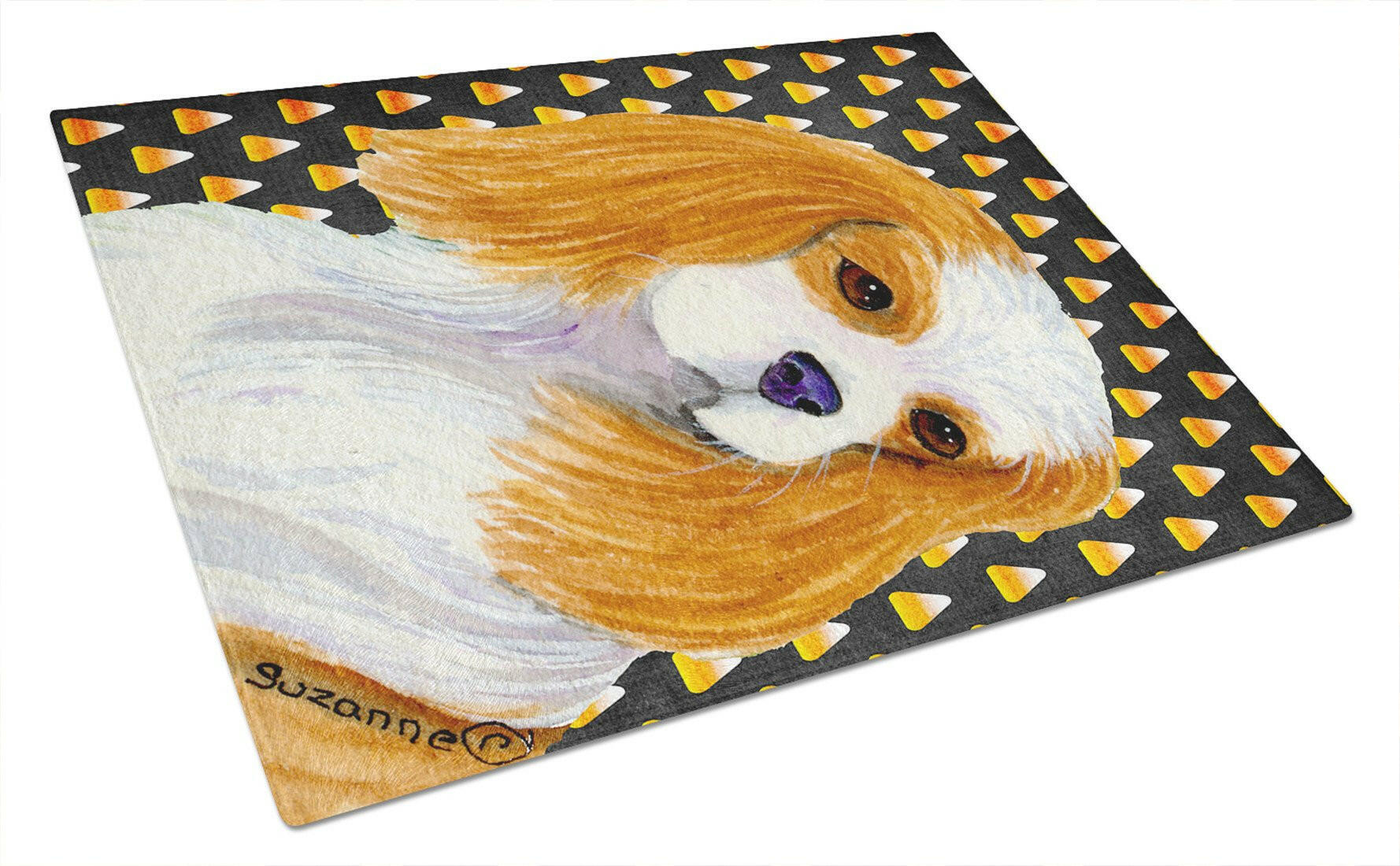 Cavalier Spaniel Candy Corn Halloween Portrait Cutting Board Tempered Glass Kitchen Cutting Surface, Heat Resistant Chopping, Non-Slip Feet, Food Prep & Serving