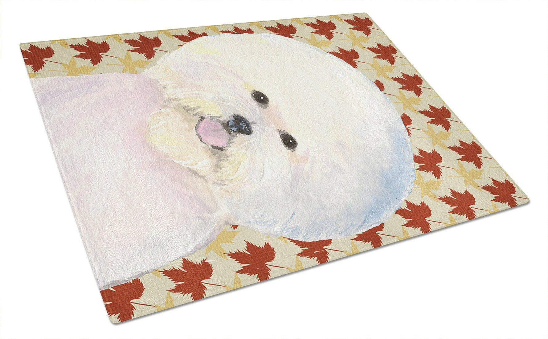 Bichon Frise Fall Leaves Portrait Cutting Board Tempered Glass Kitchen Cutting Surface, Heat Resistant Chopping, Non-Slip Feet, Food Prep & Serving