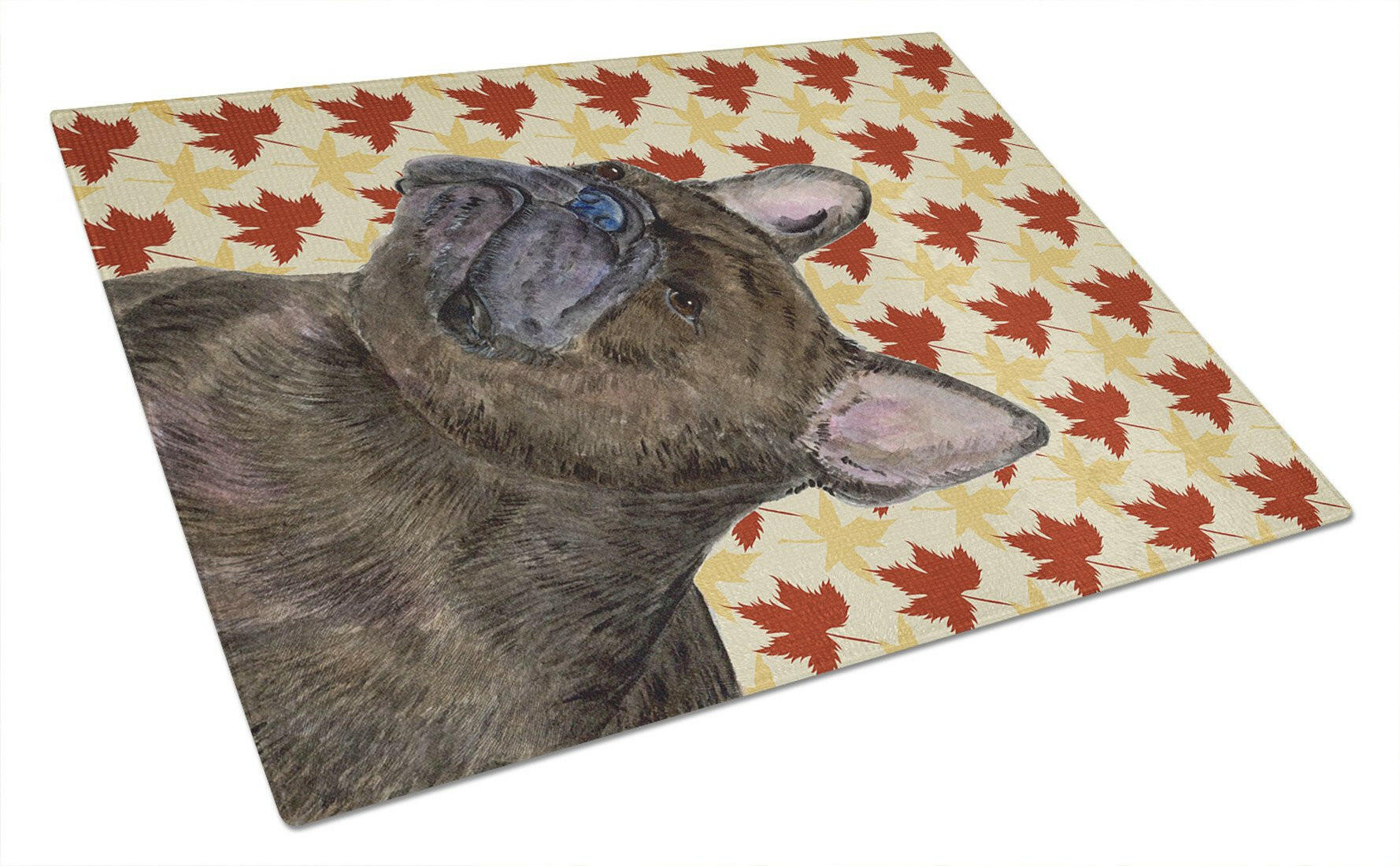 French Bulldog Fall Leaves Portrait Cutting Board Tempered Glass Kitchen Cutting Surface, Heat Resistant Chopping, Non-Slip Feet, Food Prep & Serving