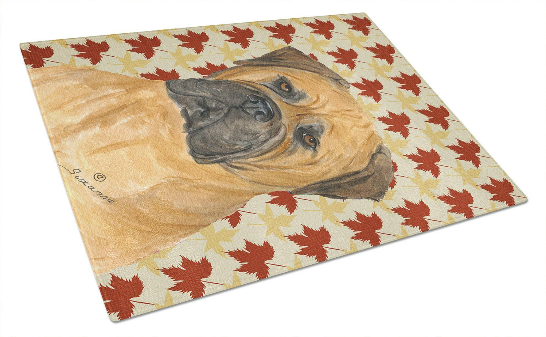 Bullmastiff Fall Leaves Portrait Cutting Board Tempered Glass Kitchen Cutting Surface, Heat Resistant Chopping, Non-Slip Feet, Food Prep & Serving